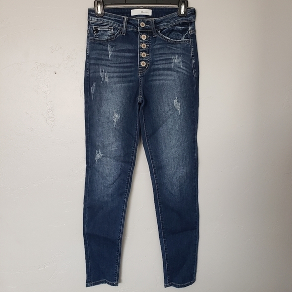 KanCan Skinny Jeans Women's 5 26 Dark Wash Denim Five Button Fly Distressed - Picture 1 of 6